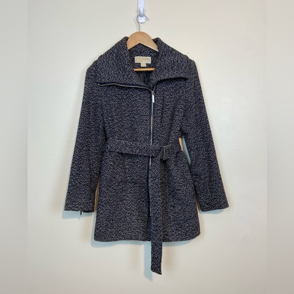 Michael Kors Wool-Blend Belted Zip Coat Size 6 Black & White Textured Tweed - Picture 2 of 13